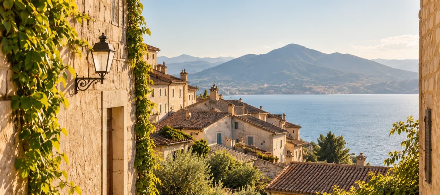 A sunlit Mediterranean stone village overlooking the sea and mountains